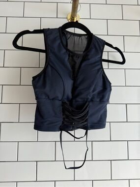 MICHI Navy Blue Lace-Up Crop Sports Bra